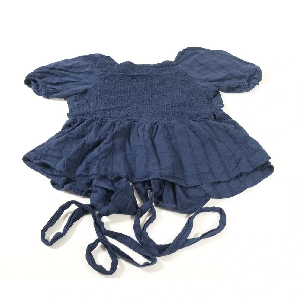 Old Navy Blouse Womens Large Navy Blue Puff Sleeve‎ Wrap Peplum Smocked Top Tie